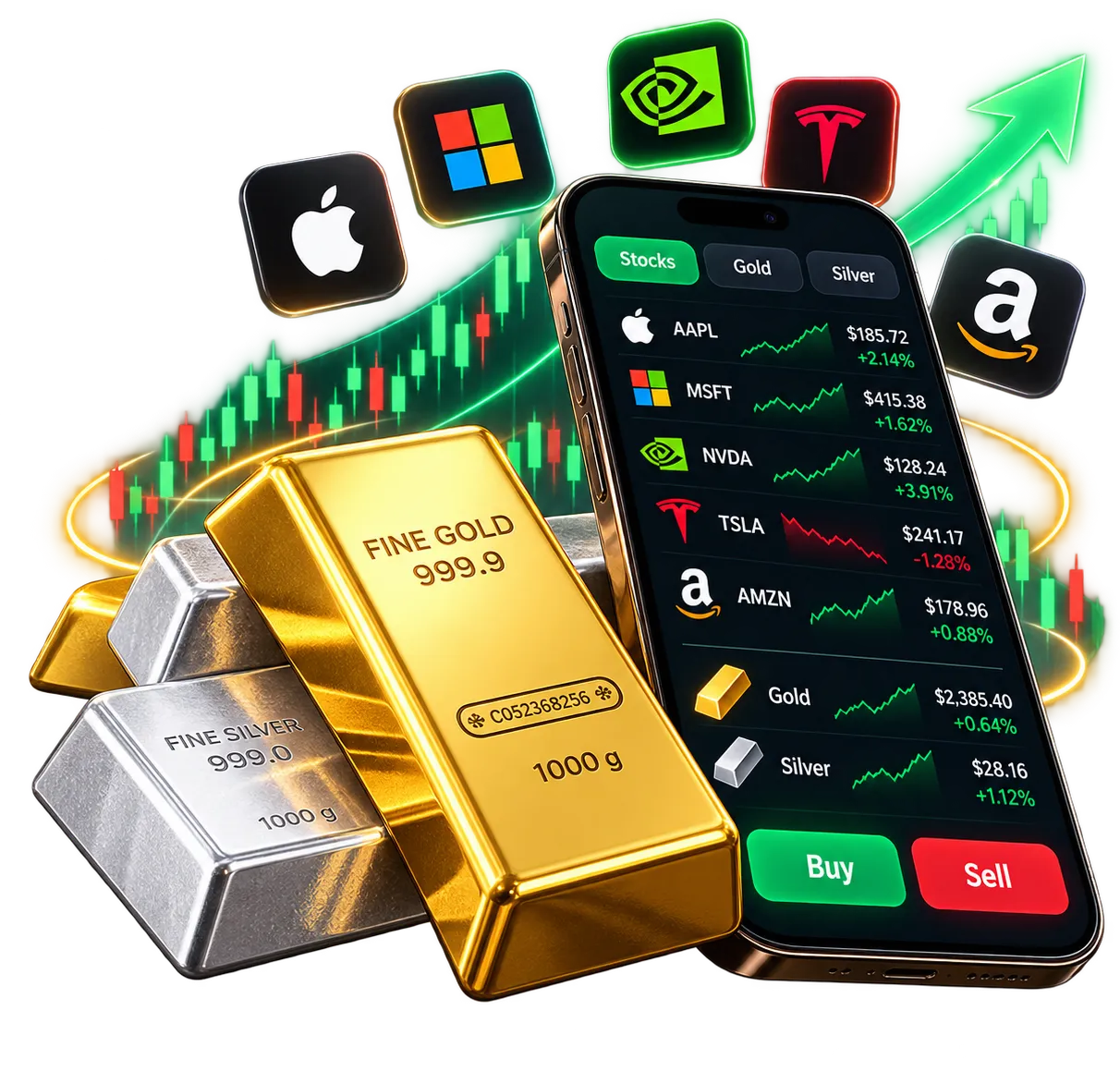 Illustration: a phone showing a stocks, gold and silver watchlist with Buy and Sell buttons, beside gold and silver bars.