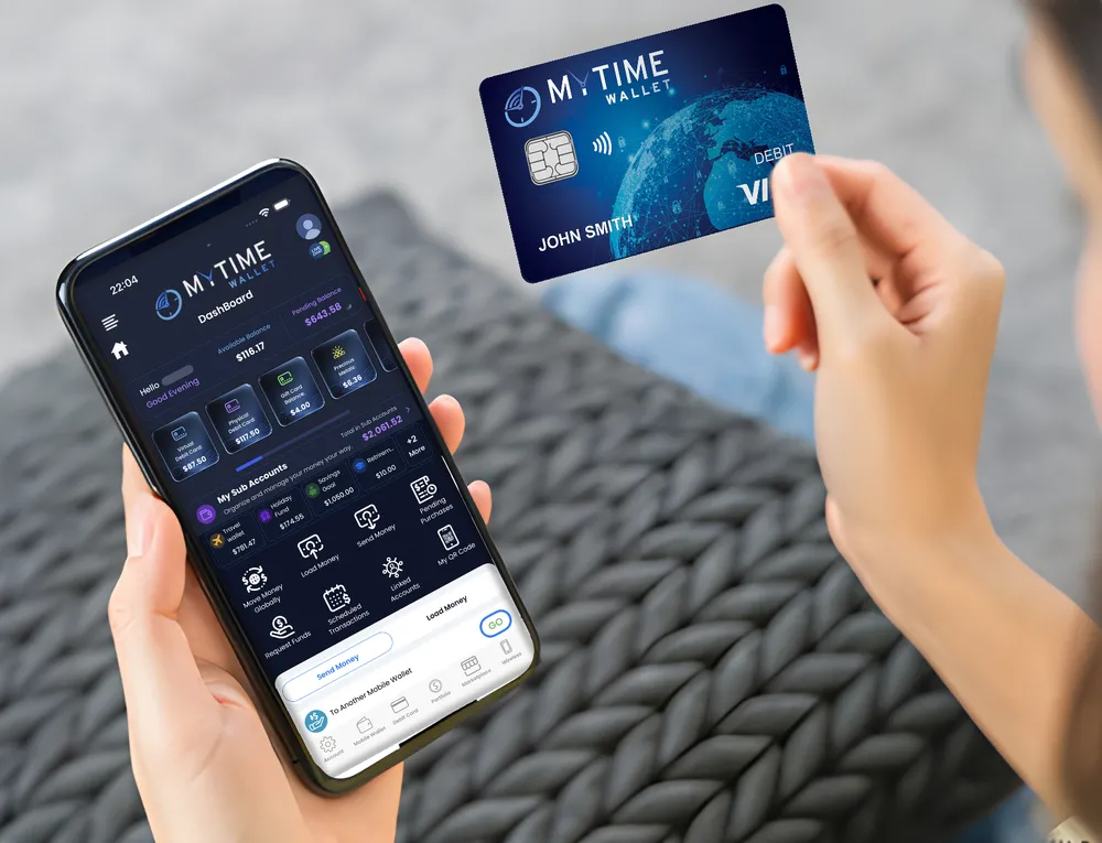 Hands holding a phone with the MyTime Wallet app and a MyTime Wallet debit card.